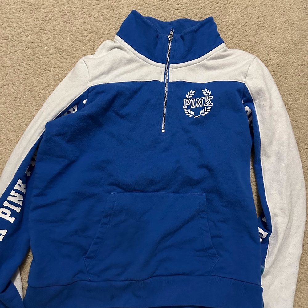 PINK Victoria's Secret Blue and White Zip Quarter Zip Pullover L